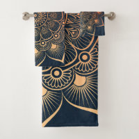 Bohemian Navy Blue Peach Mandala Bath Towel Set