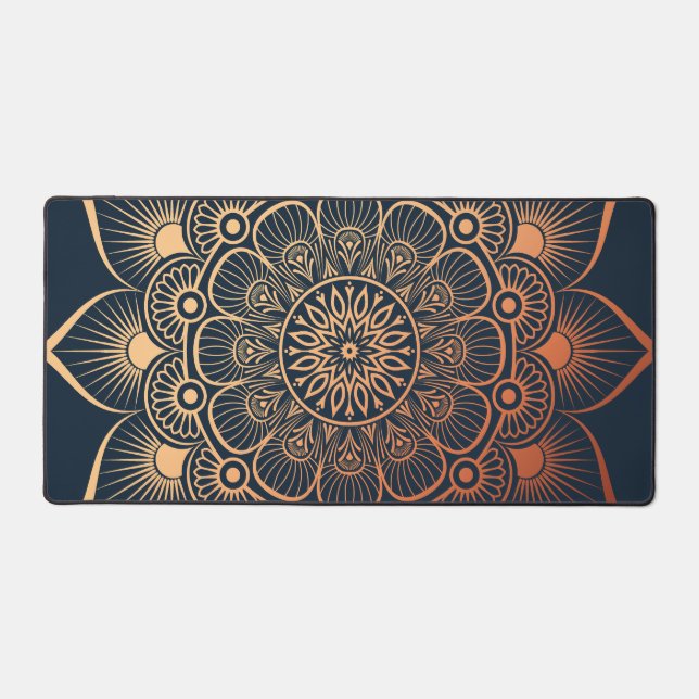 Bohemian Navy Blue Peach Mandala Desk Mat (Front)