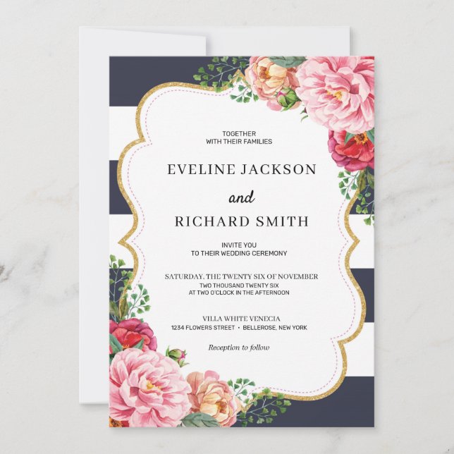 Bohemian navy blush pink floral peonies wedding invitation (Front)