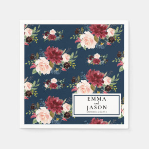 Bohemian Navy Floral Burgundy Wedding Napkins