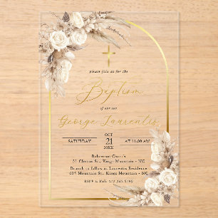 Bohemian Neutral Pampas Grass Baptism Christening  Acrylic Invitations