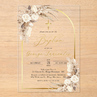 Bohemian Neutral Pampas Grass Baptism Christening  Acrylic Invitations