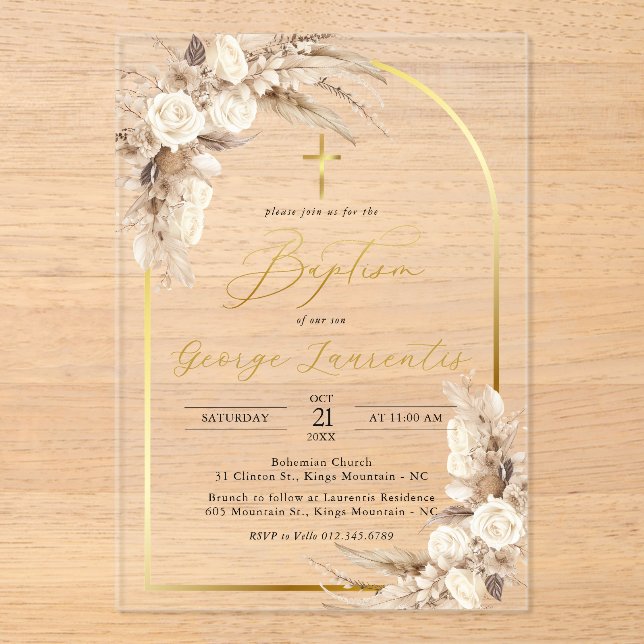 Bohemian Neutral Pampas Grass Baptism Christening  Acrylic Invitations (Front)