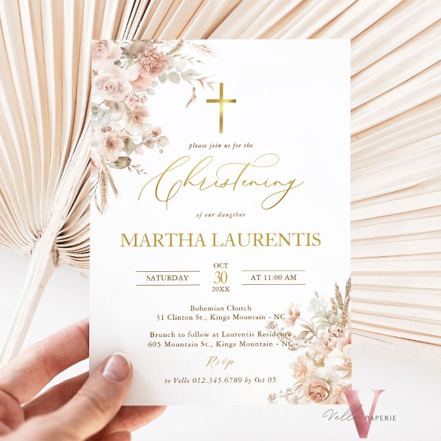 Bohemian Neutral Pampas Grass Baptism Christening  Invitation (Creator Uploaded)