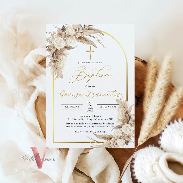 Bohemian Neutral Pampas Grass Baptism Christening  Invitation (Creator Uploaded)