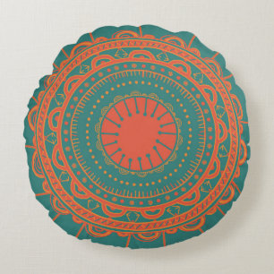 Bohemian Orange and Teal Round Pillow