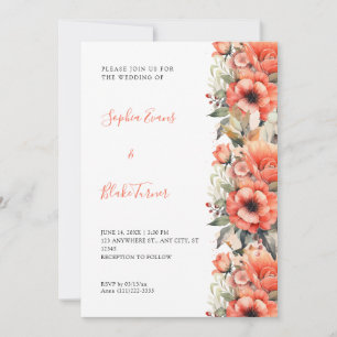 Bohemian Orange Floral Fall White Wedding Invitation