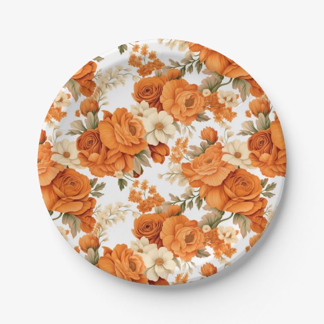 Bohemian orange flowers paper plate (Front)