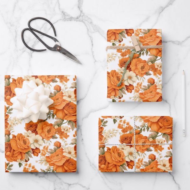 Bohemian orange flowers wrapping paper sheet (Front)