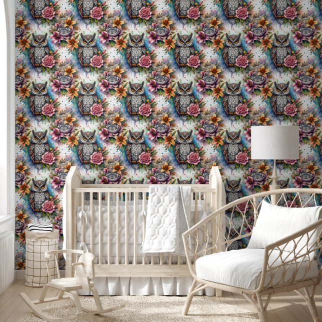 Bohemian Owl & Blooming Roses Wallpaper (Kids)