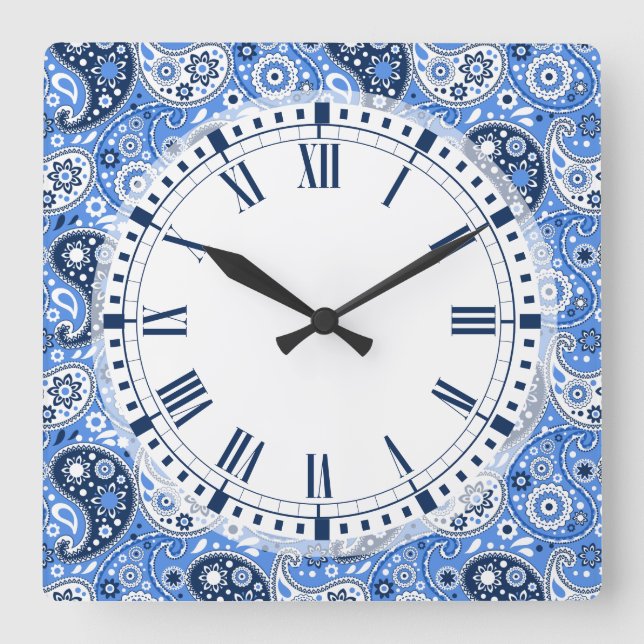 Bohemian Paisley Blue Country Farm Style Square Wall Clock (Front)