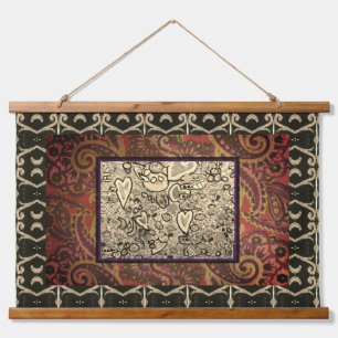 Bohemian Paisley Hearts Mixed Media Hanging Tapestry