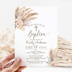 Bohemian Pampas Grass Baptism Christening  Invitation