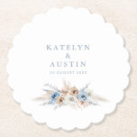 bohemian pampas grass dusty blue wedding paper coaster<br><div class="desc">watercolor bohemian pampas grass and dusty blue flowers. Personalise the text details and colours.</div>