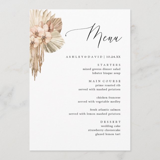 Bohemian Pampas Grass Fall Wedding Dinner Menu (Front)