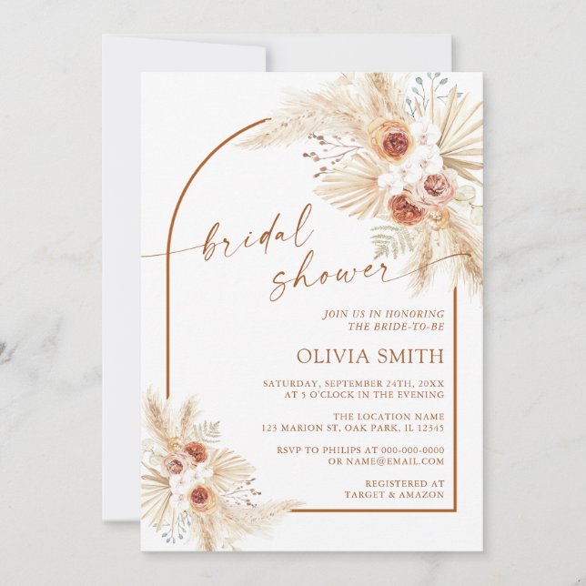 Bohemian Pampas Grass Terracotta Bridal Shower Invitation (Front)