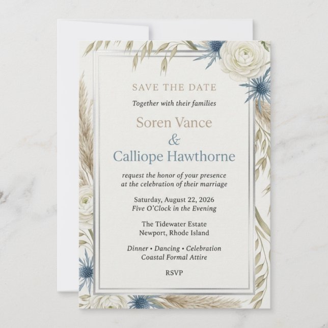 Bohemian Pampas Grass, Thistle & White Roses Invitation (Front)