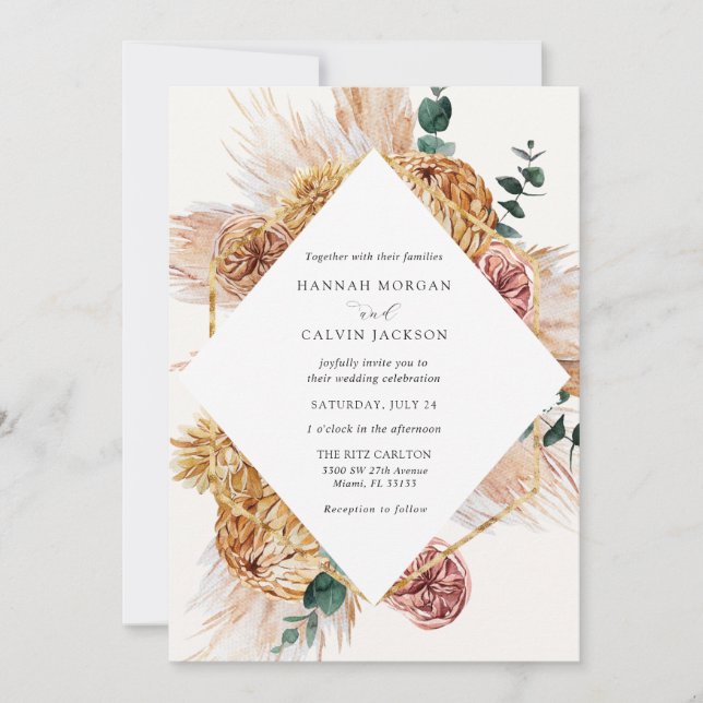 Bohemian Pampas Grass Wedding Invitation (Front)