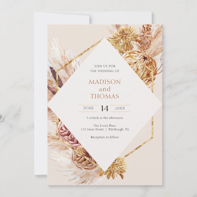 Bohemian Pampas Grass Wedding  Invitation (Front)