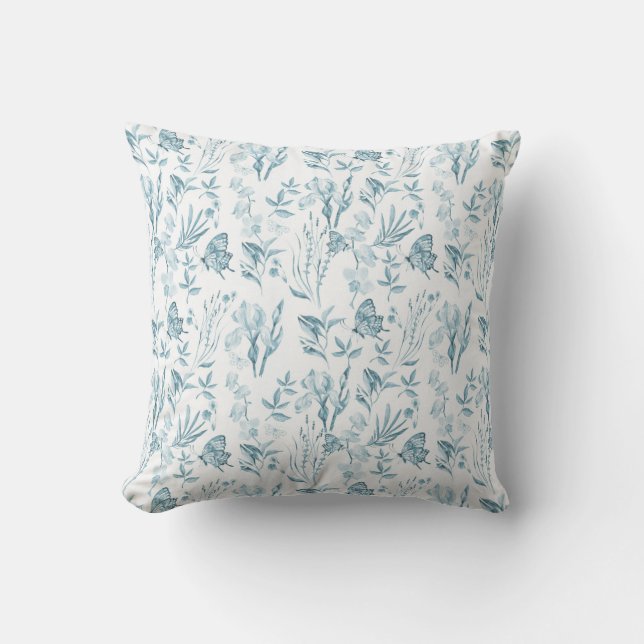 Bohemian pastel blue vintage butterfly floral cushion (Front)