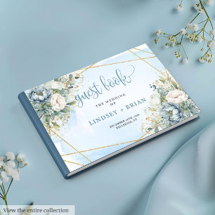 Bohemian Pastel Blue White Gold Peonies Guest Book