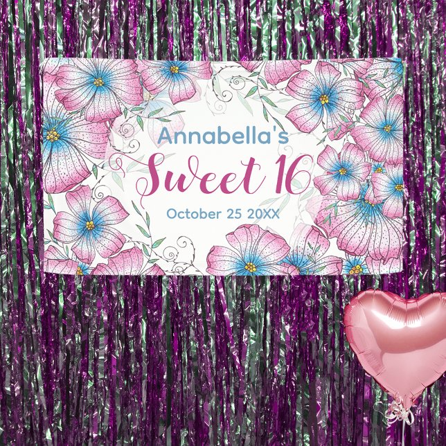 Bohemian Pastel Floral Pink Blue Sweet 16 Banner (Creator Uploaded)