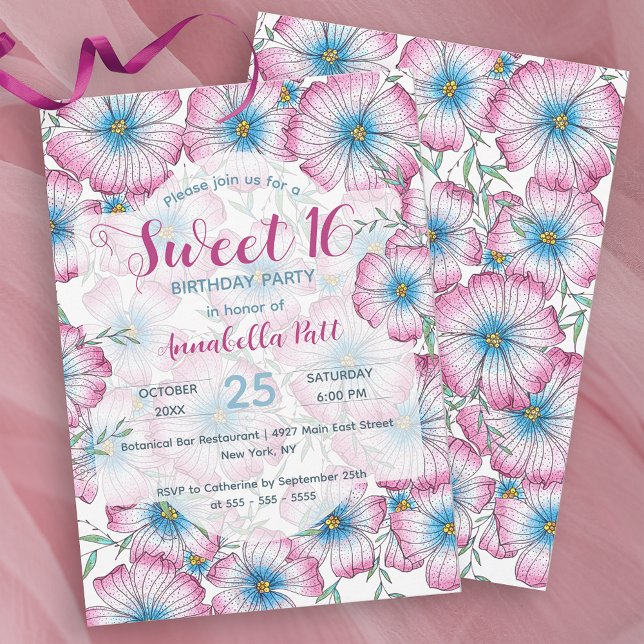 Bohemian Pastel Floral Pink Blue Sweet 16 Invitation (Creator Uploaded)