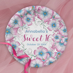 Bohemian Pastel Floral Pink Blue Sweet 16 Paper Plate