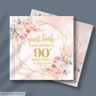 Bohemian Pastel Pink Gold Glitter Peonies 90th Guest Book