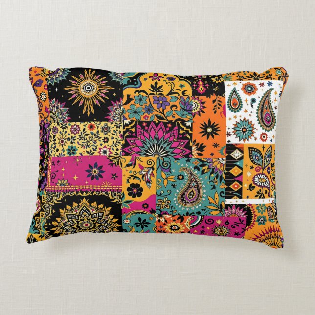 Bohemian Patchwork Mandala and Paisley Pattern Decorative Cushion (Back)