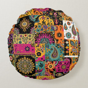Bohemian Patchwork Mandala and Paisley Pattern Round Cushion
