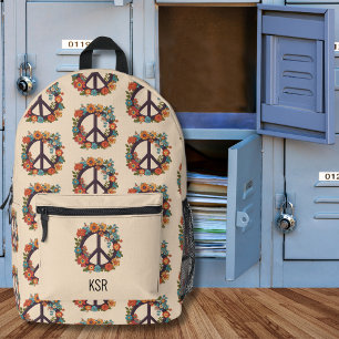 Bohemian Peace and Flowers Monogram Printed Backpack