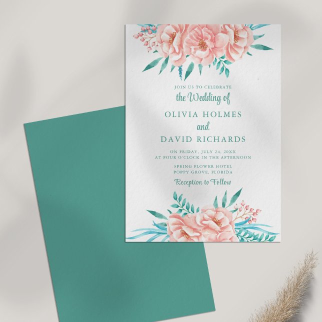 Bohemian Peach and Turquoise Floral Wedding Invite (Bohemian Peach and Turquoise Floral Wedding Invite on white table.)