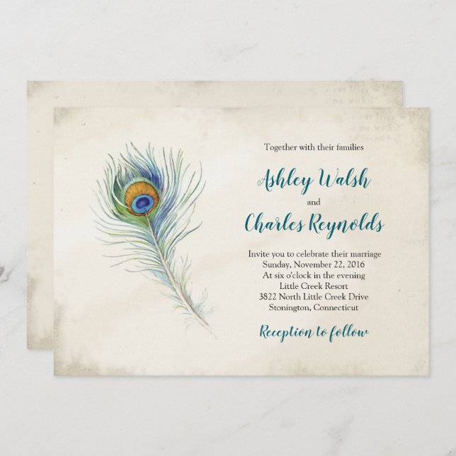Bohemian Peacock Feather Vintage Teal Wedding Invitation (Front/Back)