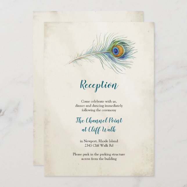 Bohemian Peacock Feather Wedding Reception Card (Front/Back)