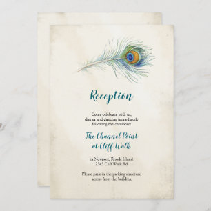 Bohemian Peacock Feather Wedding Reception Card