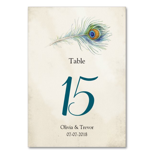 Bohemian Peacock Feather Wedding Table Number (Front)