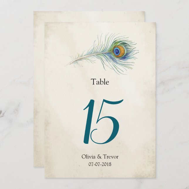 Bohemian Peacock Feather Wedding Table Numbers (Front/Back)