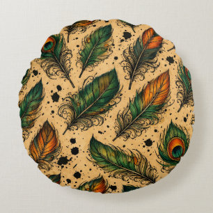 Bohemian Peacock Feathers Pattern  Round Cushion