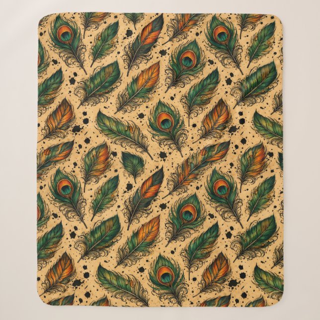 Bohemian Peacock Feathers Pattern  Sherpa Blanket (Front)