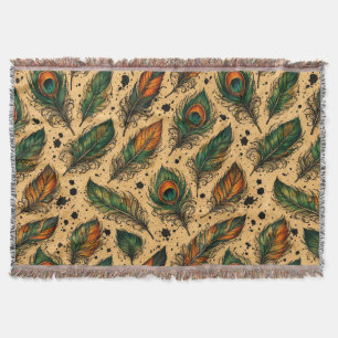 Bohemian Peacock Feathers Pattern Throw Blanket