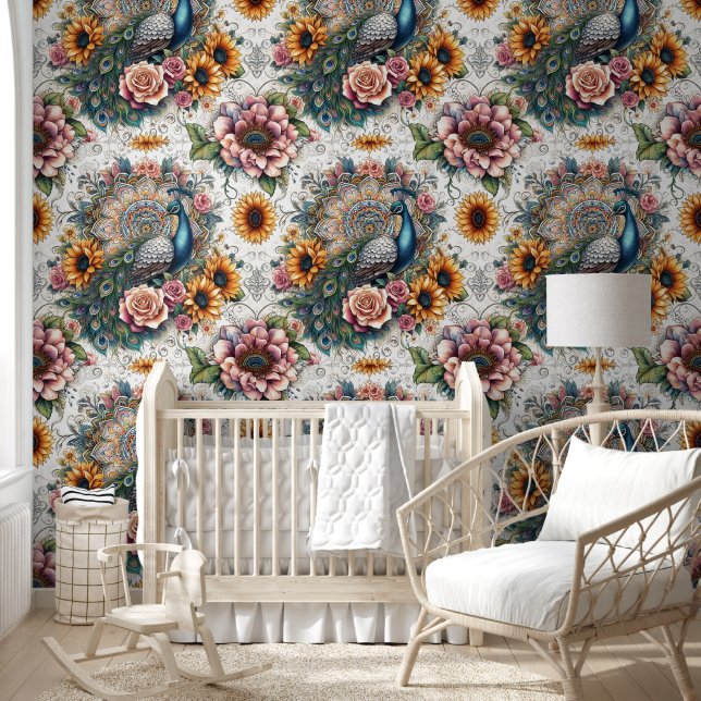 Bohemian Peacock & Sunflower Dream Wallpaper (Kids)