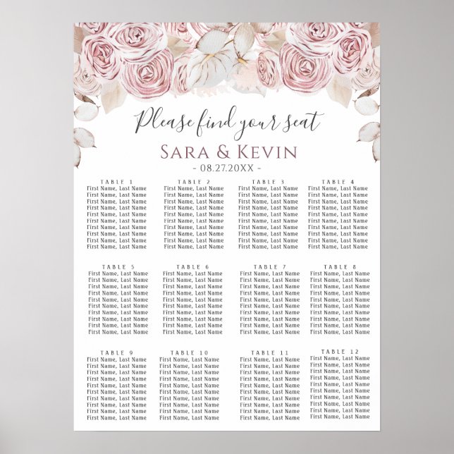 Bohemian Pink Flowers Wedding Seating Charts  (Front)