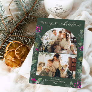Bohemian Pink Green 2 Photo Arch Merry Christmas Holiday Card