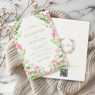 Bohemian Pink Green Floral Wedding Invitation