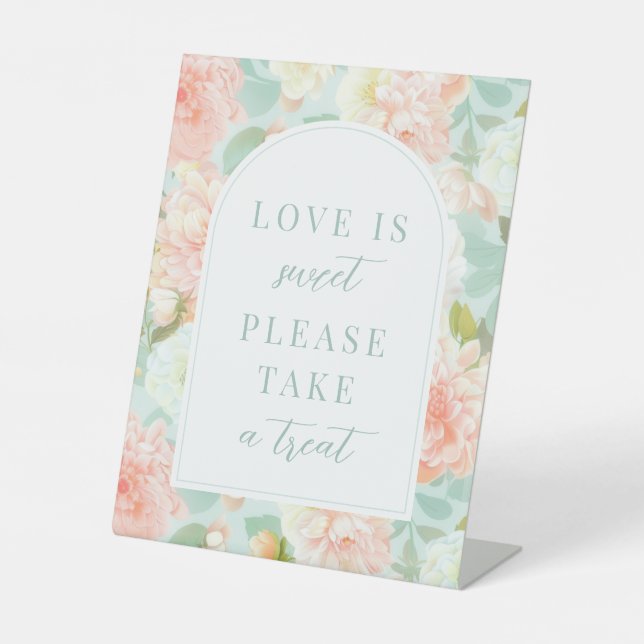 Bohemian Pink Mint Peony Flower Wedding Treat Sign (Front)