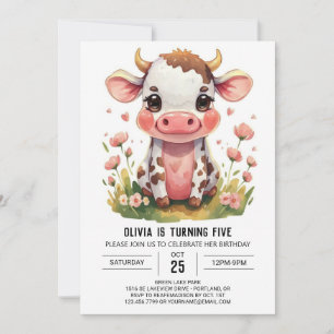 Bohemian Pink Modern Cow Birthday Invitation