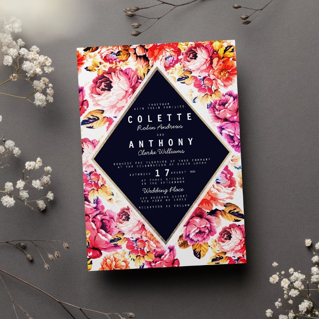 Bohemian pink orange roses floral wedding  invitation (Bohemian pink orange roses floral wedding)