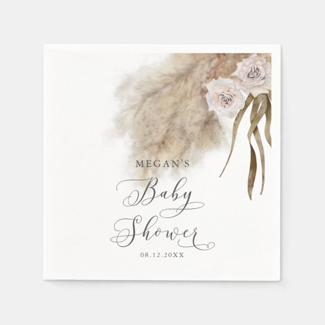 Bohemian Pink Pampas Grass Baby Shower Napkin (Front)
