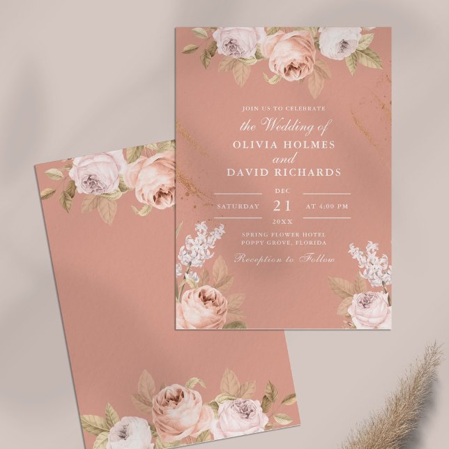 Bohemian Pink Peonies Wedding Invitation (Bohemian Pink Peonies Wedding Invitation on a table)